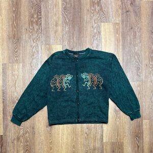 Vintage-Inspired Dark Green Embroidered Button-Front Sweatshirt